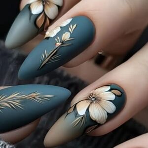 🔥3/$21 Frosted floral design Long Almond Shaped Press on nails